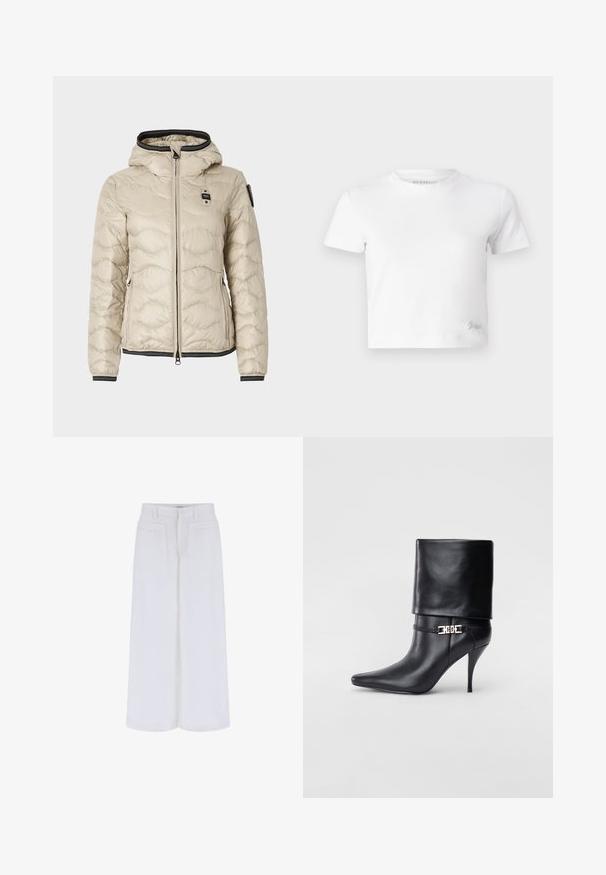 Beige quilted jacket with a hood, zippered front, textured surface, and black accents on cuffs and hem. Features logo on chest and pockets.; White cropped t-shirt made of smooth cotton, featuring a high neckline and short sleeves. Small embroidered logo in the bottom corner.; White wide-leg trousers with a smooth texture, featuring two front pockets and a button closure, designed for a relaxed fit.; Black leather ankle boot with a pointed toe, high stiletto heel, fold-over cuff, and a gold decorative buckle detail on the ankle.