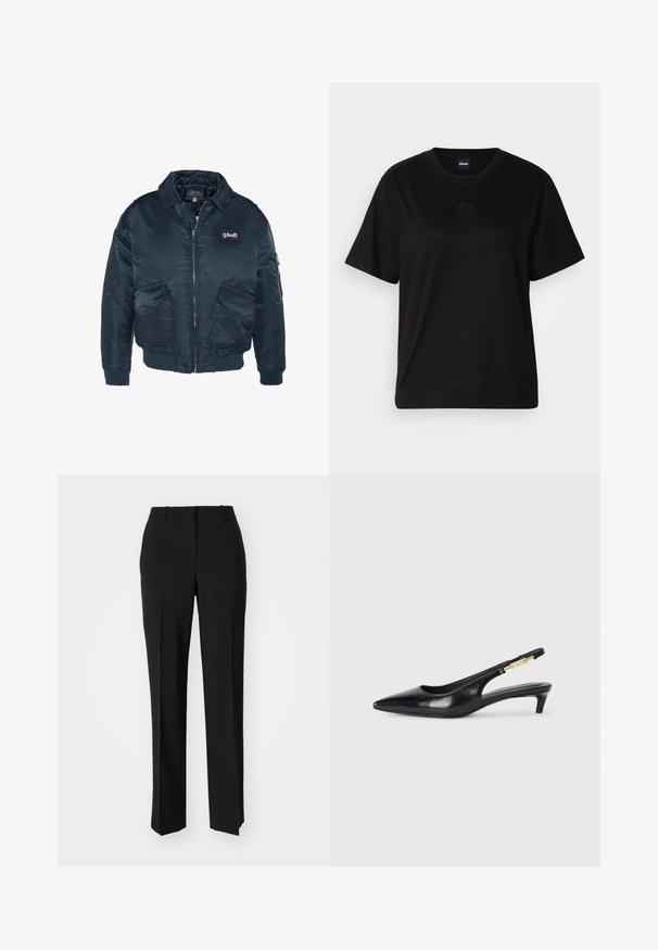 Jacket bomber satinat de culoare bleumarin, cu fermoar în față, guler ascuțit, două buzunare frontale și un buzunar pe braț cu fermoar. Include detalii cu patch-uri logo.; T-shirt negru din bumbac, cu guler rotund, mâneci scurte și un logo brodat pe piept. Design simplu, cu o croială relaxată și fără modele.; Pantaloni negri tailor-ed cu un design drept, având o textură fină și cute clare pe față. Fără elemente de prindere vizibile.; Sandale slingback din piele neagră cu vârf ascuțit, având un toc subțire și un accent de culoare aurie pe curea ajustabilă. Textură netedă.