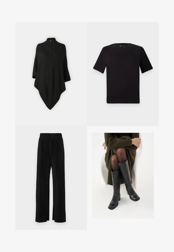 Poncho negro con un cuello alto y cierre de media cremallera, hecho de tela suave. Presenta un dobladillo curvado y mangas anchas de corte holgado.; Camiseta negra de manga corta con cuello redondo, fabricada en suave algodón. Diseño simple, sin logos ni patrones visibles.; Pantalones negros de pliegues con una cintura elástica. Presentan piernas anchas y una tela suave y texturada con rayas verticales.; Botas de cuero negro hasta la rodilla con puntera cuadrada y tacón de bloque, presentadas con un modelo sentado en un abrigo verde oliva. Textura suave, mínimo detalle.