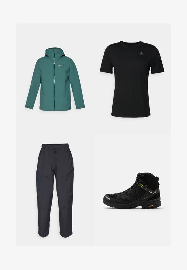 Teal waterproof jacket with a hood, full front zipper, and a logo on the left chest. Features long sleeves and adjustable cuffs.; Black t-shirt made from lightweight fabric, featuring a round neckline, short sleeves, and a small brand logo on the upper left.; Black cargo pants made from a lightweight, water-resistant material; features elastic waistband, multiple zippered pockets, and tapered legs.; Black hiking boot featuring a textured upper, reinforced toe, and Vibram sole. Lacing system includes hooks for secure fit.