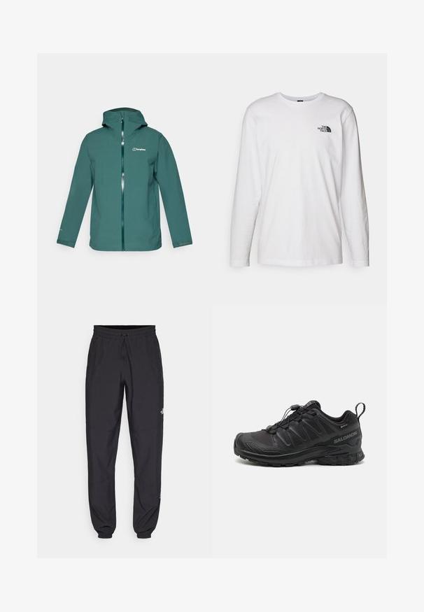 Chaqueta impermeable en color verde azulado con capucha, cremallera frontal completa y un logo en el lado izquierdo del pecho. Cuenta con mangas largas y puños ajustables.; Camiseta de manga larga blanca de algodón con cuello redondo. Presenta un pequeño logotipo negro en el pecho. Textura suave, corte regular.; Pantalones deportivos negros hechos de un tejido ligero, con una cinturilla ajustable, bolsillos laterales y puños ajustados en los tobillos.; Zapatilla deportiva negra con parte superior sintética texturizada, suela acolchada y sistema de lazado rápido. Cuenta con puntera y talón reforzados.