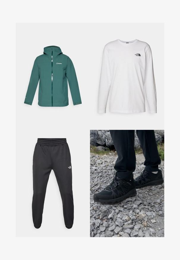 Giacca impermeabile color teal con cappuccio, zip frontale completa e logo sul lato sinistro del petto. Caratterizzata da maniche lunghe e polsini regolabili.; T-shirt bianco a maniche lunghe in cotone con colletto rotondo. Presenta un piccolo logo nero sul petto. Texture liscia, vestibilità regolare.; Pantaloni sportivi neri con vita regolabile tramitecordino, vestibilità affusolata, polsini elasticizzati e un piccolo logo bianco sulla coscia sinistra, realizzati in tessuto morbido.; Scarpe da esterni nere realizzate in mesh e materiale sintetico, con una parte superiore testurizzata, un sistema di allacciatura sicuro e una suola robusta, su terreno roccioso.