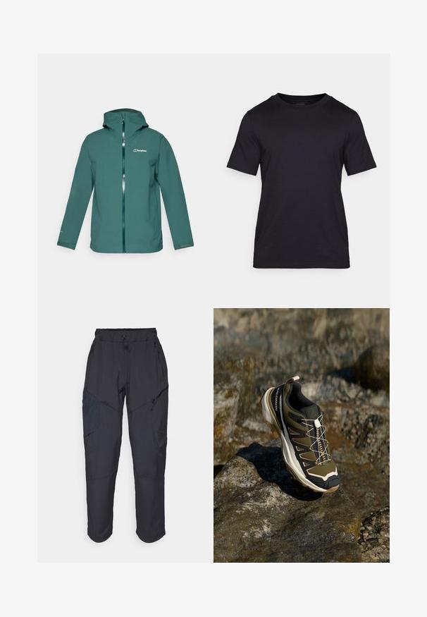 Mėlynas vandeniui atsparus švarkas su gobtuvu, pilnas priekinis užtrauktukas ir logotipas ant kairės krūtinės. Yra ilgos rankovės ir reguliuojami rankogaliai.; Juodas marškinėliai, pagaminti iš lygaus audinio, su apvalia kaklo iškirpte ir trumpomis rankovėmis. Subtilus prekės ženklas juodai atspausdintas ant krūtinės.; Juodos krovinių kelnės, pagamintos iš lengvos, vandeniui atsparios medžiagos; turi elastingą juosmenį, kelis užtrauktukais uždaromus kišenes ir siaurėjančius šonus.; Žygio batai olivų žalios ir juodos spalvos su rožiniais akcentais. Turi tekstūruotą viršutinę dalį, lankstų pado tipą, sustiprintą pirštų dalį ir spalvingą raištelių sistemą.