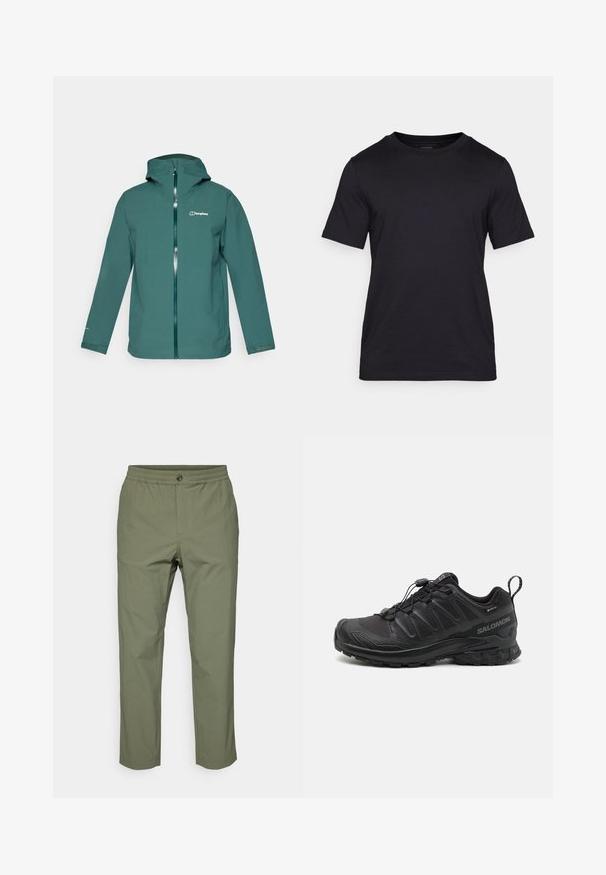 Teal waterproof jacket with a hood, full front zipper, and a logo on the left chest. Features long sleeves and adjustable cuffs.; Black T-shirt made of smooth fabric, featuring a crew neckline and short sleeves. Subtle branding printed in black on the chest.; Olive green trousers made of lightweight fabric, featuring an elastic waistband, a button closure, and straight-leg cut with no visible patterns.; Black athletic shoe with a textured synthetic upper, cushioned sole, and a quick-lacing system. Features a reinforced toe and heel.