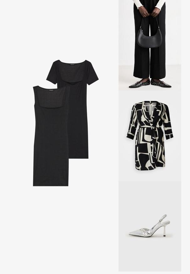 Svart og hvit omslagskjole med dristige geometriske mønstre, V-hals, trekvartlange ermer og belte med knytning i livet.; Svart bodycon-kjole med firkantet utringning, korte ermer og ribbet tekstur. To variasjoner: lys svart og dypere svarte nyanser vist.; Sølv slingback høyhelte sko med spiss tå, metallisk finish, to dekorative stropper, og en slank hæl med svart tupp.; Svart skinn skulderveske med en avrundet form, glanset overflate og sølvfargede detaljer. Person iført sorte vide bukser og naglede loafers.