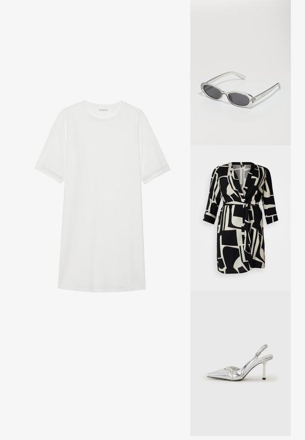 Melnbalta apmetuma kleita ar spilgti ģeometriskiem rakstiem, V veida kakla izgriezumu, trīs ceturtdaļu piedurknēm un jostu viduklī.; Balta T-kreklu kleita no kokvilnas ar īsām piedurknēm. Satur dekoratīvas mežģīņu detaļas uz piedurkņu malām. Vienkāršs, brīvs griezums.; Sudraba slingback augstpapēžu kurpe ar norādītu purngalu, metālisku apdari, diviem dekoratīviem siksniņām un plānu papēdi ar melnu galu.; Saulesbrilles ar ovālu formu, caurspīdīgu plastmasas rāmi, tumši pelēkiem stikliem un plāniem caurspīdīgiem kātiem, kas satur logotipa akcentus un minimālu noformējumu.