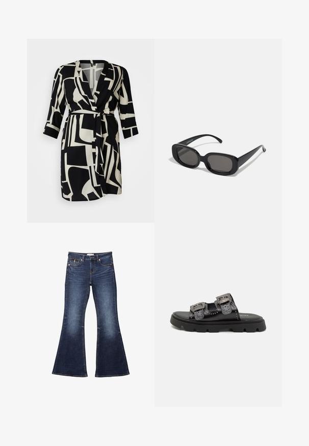 Black and white wrap dress featuring bold geometric patterns, a V-neckline, three-quarter sleeves, and a tie belt at the waist.; White off-the-shoulder top with ruffled edges, smocked bodice, flared hem, and lightweight fabric featuring a subtle texture.; Dark blue flared jeans with a waistband, five-pocket design, stitching accents, and a smooth denim texture.; Black sandals featuring two wide straps with decorative studs and detailed buckles, set on a sturdy textured rubber sole.; Black rectangular sunglasses with dark lenses. Thick plastic frame, smooth texture, and rounded edges. Stylish temples extend outward.; Gold-colored chain with a lobster clasp and a small tag reading "PILGRIM." Features a smooth, textured finish and a sleek, elongated design.