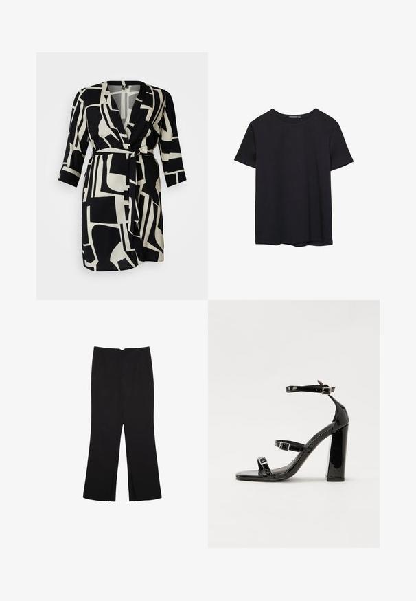 Black and white wrap dress featuring bold geometric patterns, a V-neckline, three-quarter sleeves, and a tie belt at the waist.; Plain short-sleeve black cotton T-shirt with crew neck, displayed on a white background.; Black trousers with a straight fit, featuring front pockets and side slits at the hem. Made of soft, smooth fabric. Suitable for various occasions.; Black patent high-heeled sandals with two buckle straps, square toe, and a chunky block heel, featuring a smooth, glossy texture.