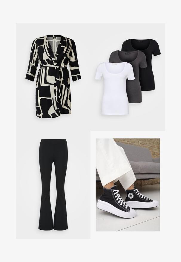 Robe portefeuille en noir et blanc avec des motifs géométriques audacieux, un décolleté en V, des manches trois-quarts et une ceinture à nouer à la taille.; Trois T-shirts ajustés en blanc, gris et noir. Chacun présente un décolleté large et des manches courtes. Fabriqués en tissu lisse et extensible.; Pantalon évasé noir en tissu extensible, présentant une taille haute et une texture lisse. Le pantalon s'élargit à partir du genou.; Baskets montantes en toile noire avec semelles et lacets en caoutchouc blanc. Elles présentent un logo circulaire sur le côté et un contraste de coutures blanches.