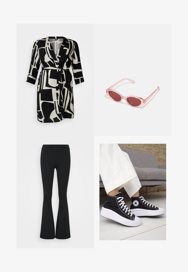 Čiernobiele zavinovacie šaty s výraznými geometrickými vzormi, s výstrihom do V, trojštvrťovými rukávmi a opaskom na viazanie v páse.; Tričko v bielej, šedej a čiernej farbe s priliehavým strihom. Každé má široký výstrih a krátke rukávy. Vyrobené z hladkej, elastickej tkaniny.; Čierne rozšírené nohavice vyrobené z elastického materiálu, s vysokým pásom a hladkou textúrou. Nohavice sa rozširujú od kolena.; Čierne plátkové tenisky s vysokým strihom a bielymi gumovými podrážkami a šnúrkami. Majú okrúhly logotyp na boku a kontrastné biele stehy.; Ružové priehľadné slnečné okuliare s oválnymi šošovkami, tmavočerveným tónovaním a štíhlymi ramenami, so hladkým povrchom a jemnými detailmi na ráme.