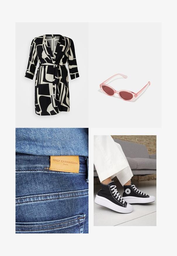 Črno-bela obleka s pasom, ki vsebuje drzne geometrijske vzorce, V-izrez, rokave do tri četrtine in kravato za pas.; Tri prilegla majica v beli, sivi in črni barvi. Vsaka ima širok izrez na vratu in kratke rokave. Narejene so iz gladkega, raztegljivega materiala.; Modra jeans tkanina z rjavim usnjenim etiketom z napisom "ONLY CARMKOMA Denim," vidnimi šivi in stransko žepno podrobnostjo.; Črne platnene visoke superge z belimi gumijastimi podplati in vezalkami. Imajo krožni logotip na strani in kontrastno bele šive.; Roza prozorna sončna očala z ovalnimi lečami, temno rdečim odtenkom in vitkimi rokami, s gladko površino in subtilnimi detajli na okvirju.