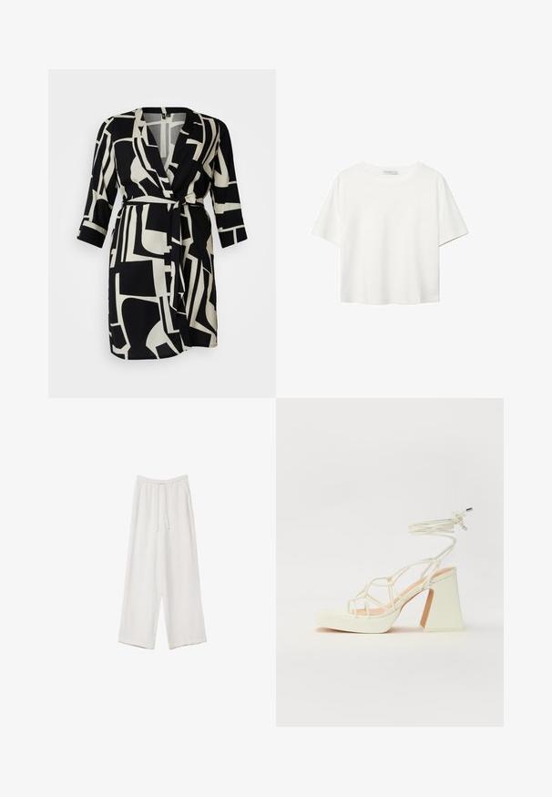 Schwarzes und weißes Wickelkleid mit auffälligen geometrischen Mustern, V-Ausschnitt, dreiviertellangen Ärmeln und einem Bindegürtel in der Taille.; Weißes T-Shirt mit kurzen Ärmeln aus Baumwolle. Hat einen Rundhalsausschnitt und eine lockere Passform. Glatte Textur ohne sichtbare Muster oder Akzente.; Weiße weit geschnittene Hose aus leichtem Stoff. Mit einem elastischen Bund und Kordelzug sowie Seitentaschen. Glatte Textur.; Weiße High-Heel-Sandale mit einem klobigen Absatz, die über ein Riemchendesign und ein Knöchelband verfügt. Glatte Textur mit einer Plattform vorne für zusätzliche Höhe.