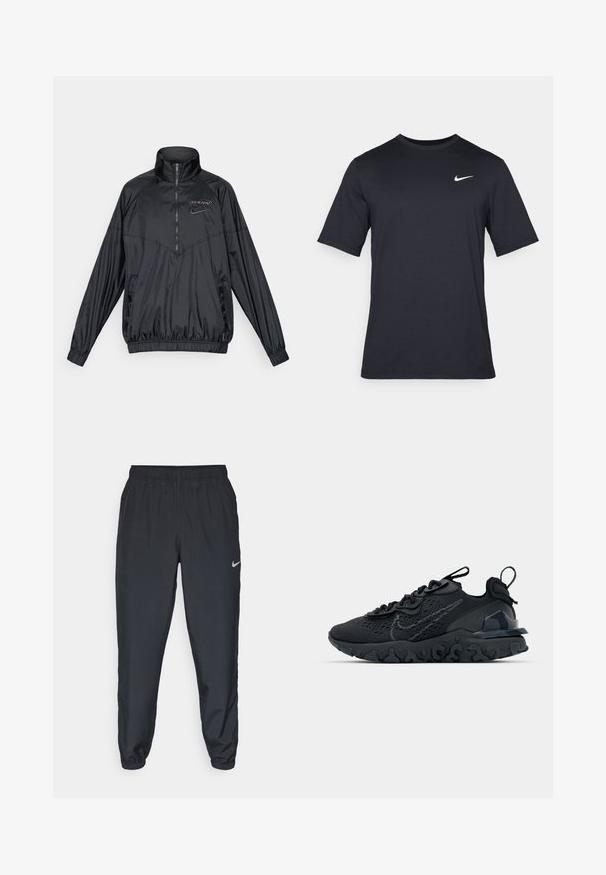 Sort quarter-zip vindjakke med høj krave, elastiske manchetter og kant, Spurs-logo og Nike swoosh på brystet, frontlommer.; Sort kortærmet Nike t-shirt lavet af glat stof, med et hvidt swoosh-logo på øverste venstre side, rund halsudskæring.; Sorte træningsbukser lavet af letvægtsstof med elastisk talje, ankelsyninger og et diskret Nike-logo på venstre side.; Sort atletisk sko med en åndbar mesh-overdel, teksturerede detaljer og en bølget gummisål. Har reflekterende logo og snørresystem.