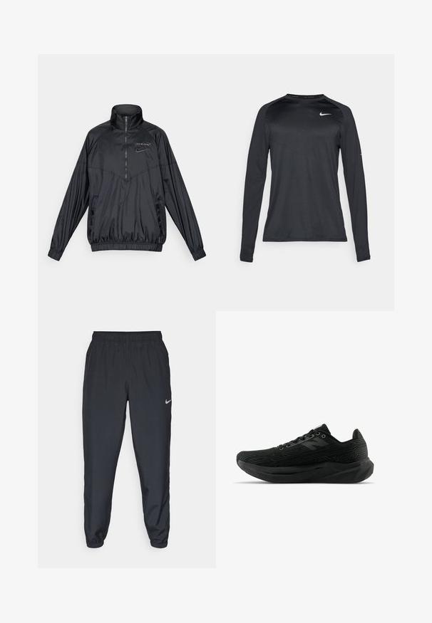 Schwarze Windjacke mit Viertel-Reißverschluss und hohem Kragen, elastischen Bündchen und Säumen, Spurs-Logo und Nike-Swoosh auf der Brust, seitliche Fronttaschen.; Langärmliges schwarzes Sportshirt aus einem glatten, dehnbaren Material. Verfügt über ein dezentes strukturiertes Design und ein kleines weißes Logo auf der Brust.; Schwarze Trainingshose aus einem leichten Stoff mit elastischem Bund, Knöchelabschlüssen und einem dezenten Nike-Logo auf der linken Seite.; Schwarzer Sportschuh mit strukturiertem Obermaterial, sportlichem Design, Schnürverschluss und einer dickeren profilierte Sohle für besseren Halt.
