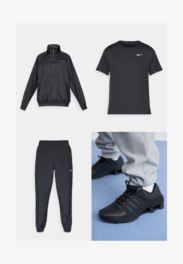 Coupe-vent noir à zip quart avec un col haut, des poignets et un ourlet élastiques, logo des Spurs et swoosh de Nike sur la poitrine, poches latérales avant.; T-shirt de course noir Nike en matériau léger et respirant, avec des manches courtes et un petit logo blanc sur la poitrine.; Pantalon de jogging noir en tissu léger avec une ceinture élastique, des poignets aux chevilles et un logo Nike discret sur le côté gauche.; Personne portant des baskets Nike Shox noires et un pantalon de survêtement gris, debout sur un tapis bleu clair.