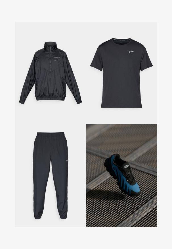 Svart kvart-zip vindjakke med høy krage, elastiske mansjetter og hem, Spurs-logo og Nike swoosh på brystet, frontlommer.; Svart Nike løpe-T-skjorte laget av lett, pustende stoff, med korte ermer og en liten hvit logo på brystet.; Svarte joggebukser laget av lett stoff med elastisk midje, ankelmanchetter og en diskret Nike-logo på venstre side.; Svart og blå joggesko med en teksturert overflate, buede sidepaneler og sirkulære såleakenter. Har snøring og et merke på tungen.