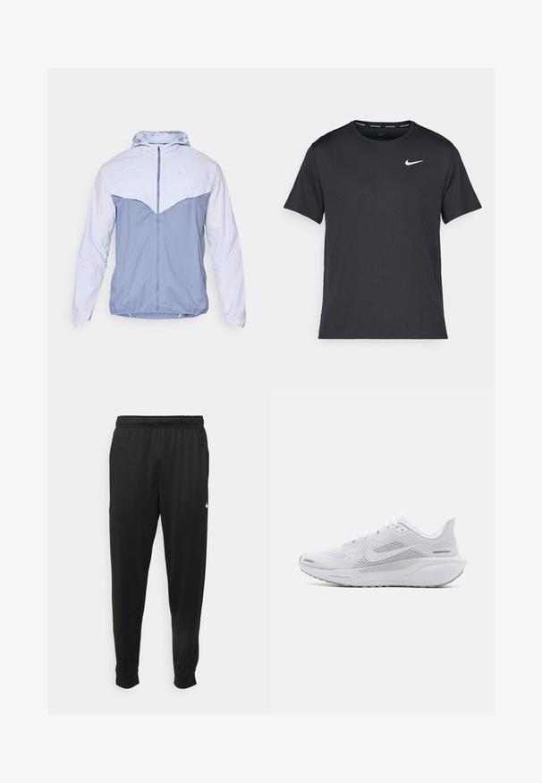 Giacca leggera con cappuccio e design a mezza zip. Presenta una combinazione di colori azzurri a due toni, texture liscia e polsini elasticizzati.; Maglietta da corsa Nike nera realizzata in materiale leggero e traspirante, con maniche corte e un piccolo logo bianco sul petto.; Pantaloni sportivi neri realizzati in tessuto liscio, con una vita elastica, gambe affusolate e un piccolo logo bianco sul lato sinistro.; Scarpa sportiva bianca con tomaia in rete, sovrapposizioni a trama liscia, accenti grigi, lacci e una suola ammortizzata progettata per le prestazioni.