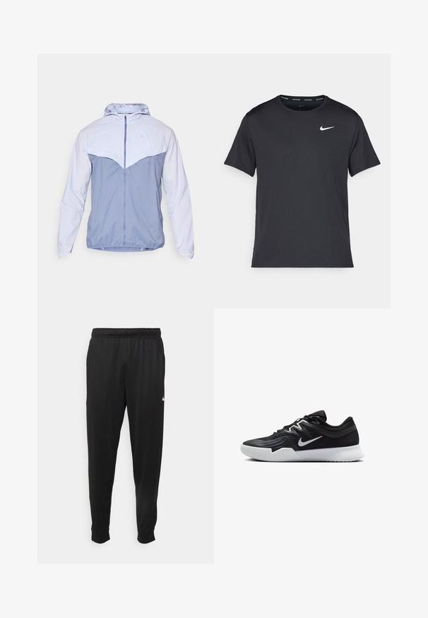 Lichte, gevoerde jas met een halve ritssluiting. Kenmerkt zich door een twee-kleurig lichtblauw kleurenschema, een gladde textuur en elastische manchetten.; Zwarte Nike hardloop T-shirt gemaakt van lichtgewicht, ademend materiaal, met korte mouwen en een klein wit logo op de borst.; Zwarte sportbroek gemaakt van gladde stof, met een elastische tailleband, taps toelopende pijpen en een klein wit logo aan de linkerzijde.; Zwarte sportieve schoen met een gestructureerde bovenkant, witte Nike swoosh en een witte rubberen zool. Beschikt over een veterontwerp en een dynamische vorm.