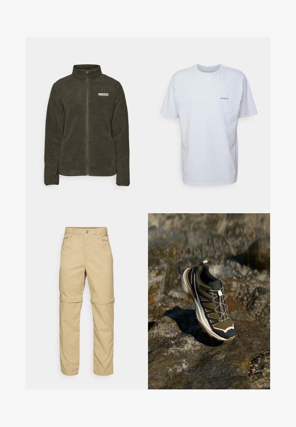 Chaqueta de forro polar en verde oscuro con un alto cuello y cierre de cremallera frontal. Presenta una superficie texturizada y un parche con el logo en el lado izquierdo del pecho.; Camiseta de algodón blanca de manga corta, con cuello redondo y un bolsillo en el pecho izquierdo que presenta un logotipo azul de "Patagonia". Corte clásico con una textura suave.; Pantalones beige desmontables con una textura suave, que presentan dos bolsillos laterales, un cierre de botón y puños enrollables para mayor versatilidad.; Zapato de senderismo en verde oliva y negro con toques de rosa. Cuenta con una parte superior texturizada, suela flexible, capuchón de punta reforzado y un sistema de cordones colorido.