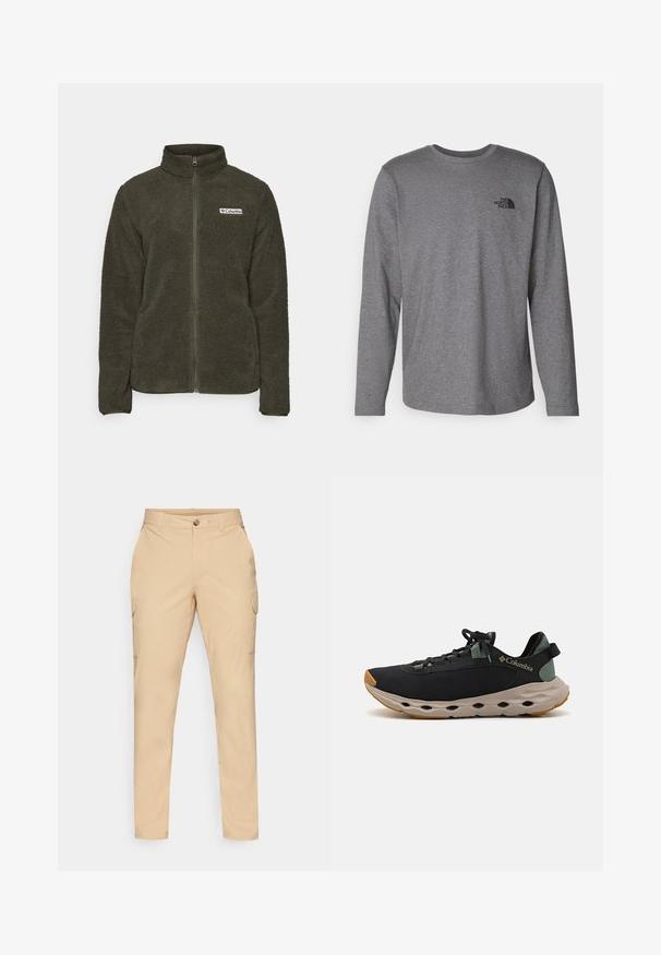 Kurtka polarowa w ciemnozielonym kolorze z wysokim kołnierzem i zamkiem z przodu. Posiada teksturowaną powierzchnię oraz naszywkę z logo na lewej piersi.; The North Face - Bluzka z długim rękawem; Beżowe spodnie cargo z zapięciem na guziki, slim fit, bocznymi kieszeniami i gładką tkaniną bawełnianą. Brak widocznych wzorów lub akcentów.; Czarne buty sportowe Columbia z przewiewną cholewką, miękką szaro-skalną podeszwą i wytrzymałą beżową podeszwą zewnętrzną. Cechują się minimalistycznym designem i regulowanymi sznurówkami.