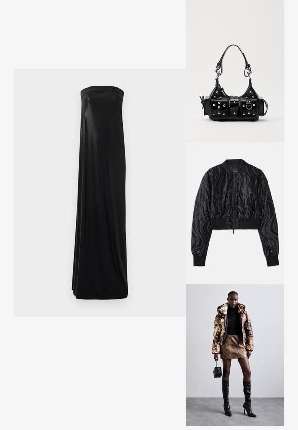 Przycięta czarna kurtka bombowca z błyszczącym, wirującym wzorem, prążkowanymi mankietami i pasem, oraz zamkiem błyskawicznym z przodu.; Czarna maksidługa sukienka bez ramiączek wykonana z gładkiego, błyszczącego materiału. Posiada dopasowany górny fason i swobodny krój, sięgający ziemi bez ozdób.; Kurtka puchowa w brązowo-czarny wzór, w połączeniu z brązową mini spódnicą w wężowy wzór, czarnymi wysokimi kozakami do kolan i małą czarną torebką.; Czarna skórzana torebka w zakrzywionym kształcie, z srebrnymi ćwiekami, klamrą i dwoma bocznymi kieszeniami. Regulowany pasek umożliwiający różne opcje noszenia.
