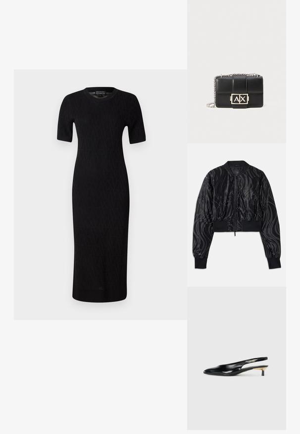 Lyhennetty musta bomber-takki, jossa on kiiltävä, pyörivä kuvio, röyhelöillä varustetut hihansuut ja vyötärö, sekä edessä vetoketjukiinnitys.; Musta neulottu midi-mekko lyhyillä hihoilla, jossa on geometrinen kuosi ja pyöreä pääntie. Sileä rakenne ja kapea siluetti.; Mustikka slingback-kengät, joissa on terävä kärki, kiiltävä nahkapinta ja pieni korko, jossa on kultainen yksityiskohta. Tyylikäs muotoilu avoimella takana.; Mustat nahkasalkut, joissa on tikattu malli, hopeaketjusovite ja näkyvä hopeinen "AX"-logo edessä. Kompakti suorakulmainen muoto.