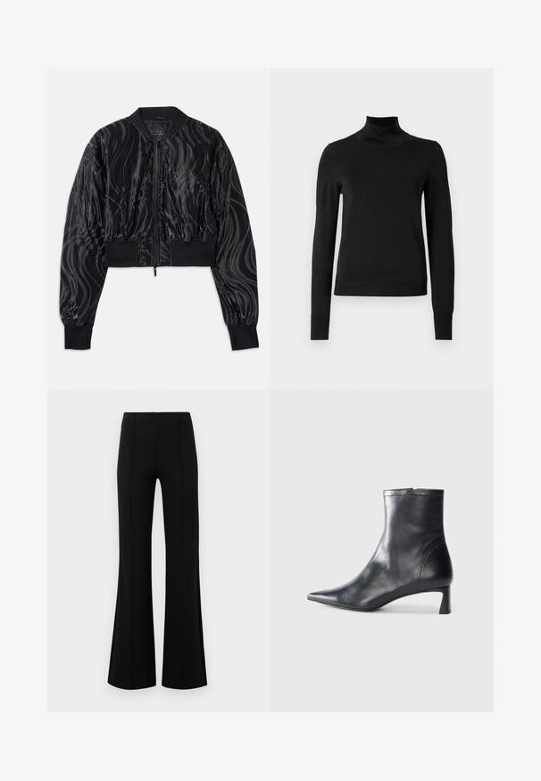 Fekete bomber dzseki, fényes, örvénylő mintával, bordás mandzsettákkal és derékrésszel, valamint elöl cipzárral.; Fekete, hosszú ujjú garbós pulóver bordás mandzsettákkal és aljjal, sima fehér háttér előtt bemutatva.; Fekete, flared nadrág magas derékkal, rugalmas anyagból készült. Elölnézetén függőleges varrásokkal rendelkezik, sima textúrával.; Fekete bőr bokacsizma hegyes orral és letisztult dizájnnal. Alacsony sarka és hátsó cipzáras záródása van. Simának tűnő textúra.