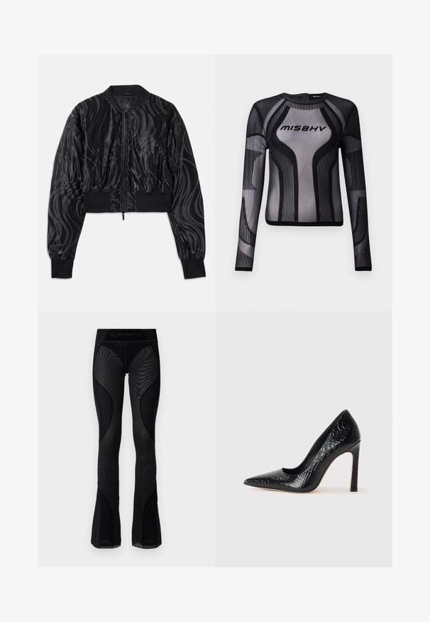 Krojena črna bomber jakna s sijočim, vrtinčastim vzorcem, rebrastimi manšetami in pasom ter zadrgo na sprednji strani.; Črn dolgovečerni top iz prosojnega mrežastega materiala, ki ima geometrijski vzorec s črnimi črtami in logo "MISBHV" na prsih.; Črne mrežaste flare legice z teksturiranimi detajli in vzorčastimi vložki. Imajo visok pas z logotipom blagovne znamke na vrhu.; Črne čevlje z visoko peto in konico v obliki puščice, z teksturo krokodilje kože, ki se ponašajo s sleek oblikovanjem, visokim stiletto peto in gladkim črnim notranjostjo.