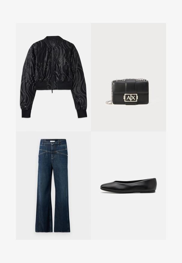 Cropped black bomber jacket with a shiny, swirling pattern, ribbed cuffs and waistband, and a front zipper closure.; Black t-shirt made of soft cotton, featuring a crew neckline, short sleeves, and a slightly twisted design for a relaxed fit.; Wide-leg jeans made of dark blue denim, featuring a high waistband, two front pockets, and contrasting stitching detail.; Paul Smith TOPANGA - Ballet pumps - black; Black leather handbag with quilted design, silver chain strap, and a prominent silver "AX" logo on the front. Compact rectangular shape.