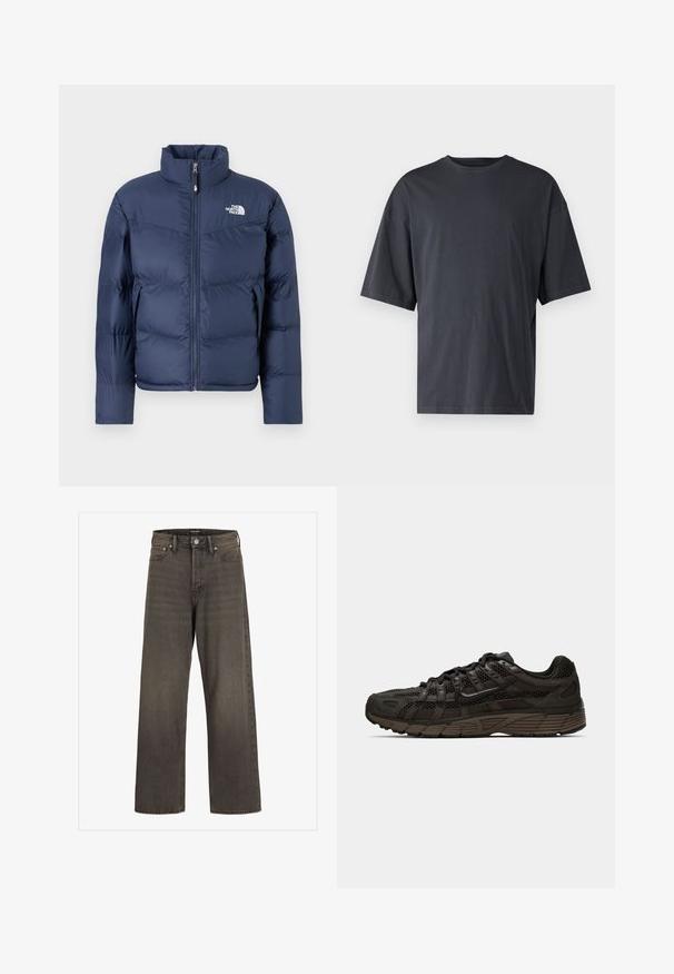 Mornarsko plava pufasta jakna s visokim ovratnikom, prednjim zatvaračem i izvezbom logotipa na lijevoj strani prsiju; sadrži horizontalnu prešanu teksturu.; Tamno siva kratka majica s kratkim rukavima, izrađena od laganog pamuka, s opuštenim krojem i klasičnim okruglim izrezom, bez uzoraka i teksta.; Široke traperice u tamnosivom denimu, s visokim strukom, klasičnim dizajnom s pet džepova i kontrastnim šavovima duž šavova.; Crne atletske cipele od mrežastih i nubuk materijala, s teksturiranim gornjim dijelom, istaknutim sustavom vezivanja i višeslojnim dizajnom srednjeg potplata.