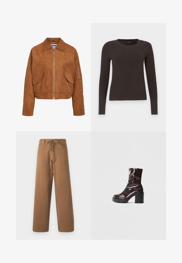 Brown faux suede cropped jacket with a front zipper, peaked collar, two side pockets, and an additional zippered pocket on the sleeve.; Brown, long-sleeve ribbed top with a crew neckline. Made from a smooth, stretchy material, featuring a fitted silhouette and minimal detailing.; Brown wide-leg pants made from cotton, featuring a drawstring waist and two front pockets. Textured fabric with a smooth finish.; Glossy burgundy ankle boot with a chunky black heel, featuring a smooth texture and simple design. No visible fastenings or patterns.