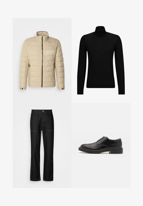 Casaco acolchoado bege com gola alta, costura horizontal, dois bolsos laterais e um fecho preto, apresentando um discreto logótipo "BOSS" no peito.; Pulôver de gola alta preto, feito de material suave, com mangas longas e ajuste justo. Acabamento canelado na barra e punhos. Design simples.; Calças de ganga pretas com perna reta, costuras visíveis e fecho de botão à frente. Inclui dois bolsos laterais e dois bolsos traseiros.; Sapatilha preta em couro, com atilhos, ponta arredondada, textura suave, costura mínima e um salto baixo em borracha. Logotipo no calcanhar.