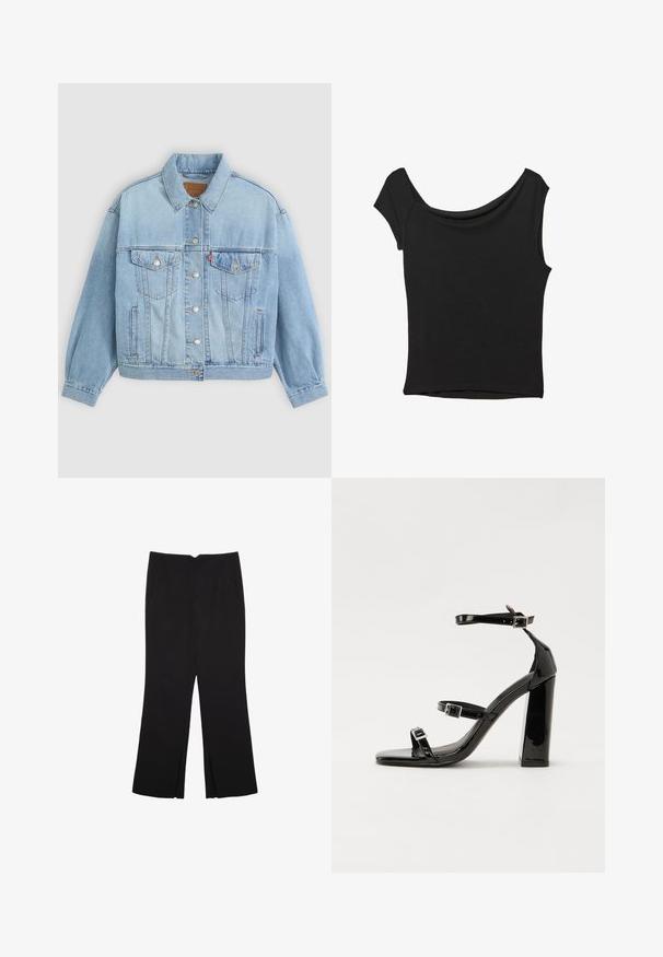Ljusblå denimjacka med klassisk krage, knäppning med knappar, två bröstfickor, avslappnad passform och synliga sömnadsdetaljer.; Svart kortärmad topp i slät tyg; har en draperad halsringning och asymmetrisk nederkant, med en figursydd kropp.; Svarta byxor med rak passform, utrustade med framfickor och sidoklyvningar vid fållen. Tillverkade av mjukt, slätt tyg. Lämpliga för olika tillfällen.; Svarta lackerade klacksandaler med fyrkantig tå, ankelremmar och silverfärgade spännen. Har en kraftig blockklack för stabilitet.