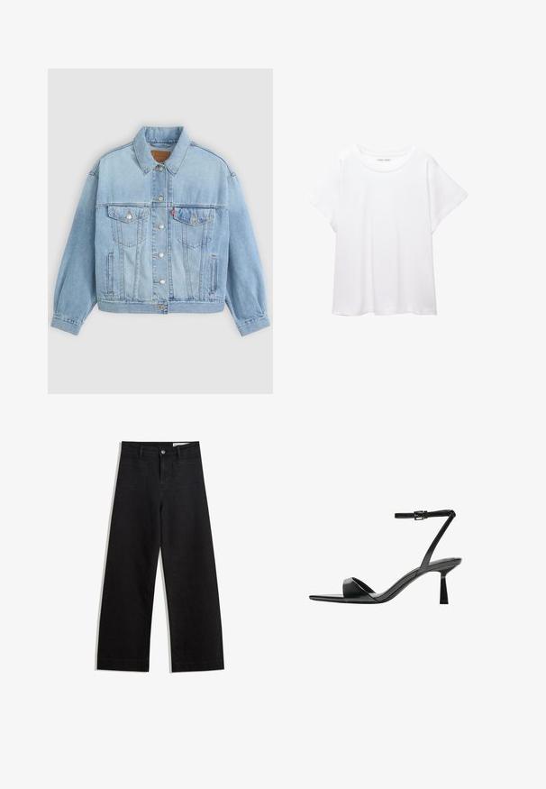 Világoskék farmerdzseki klasszikus gallérral, gombos záródással, két mellzsebbel, laza szabással és látható varrási részletekkel.; Fehér póló, puha, könnyű anyagból készült. Kerek nyakú, rövid, széles ujjaival és laza szabásával rendelkezik. Nincsenek látható minták.; Fekete, bő szabású farmernadrág magas derékkal, elülső és hátsó zsebekkel, varrott felületekkel és gombos záródással. Sima textúra.; Bershka Magas sarkú szandálok - black