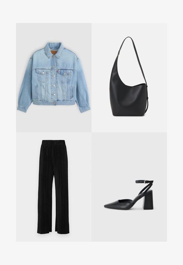 Lys blå denimjakke med klassisk krage, knappelukking, to brystlommer, avslappet passform og synlige sømdetaljer.; Svart t-skjorte med korte ermer og rund hals, laget av mykt bomullsstoff. Enkelt design, ingen synlige logoer eller mønstre.; Sorte plisserte bukser med elastisk midje. Har vide ben og et glatt, strukturert stoff med vertikale striper.; Svart lær pumps med spiss tå, ankelrem og kraftig hæl. Flat tekstur, strømlinjeformet design og minimalisme.; Svart lær hobo-veske med glatt tekstur, buet form og enkelt justerbart stropp; har en bred åpning på toppen.