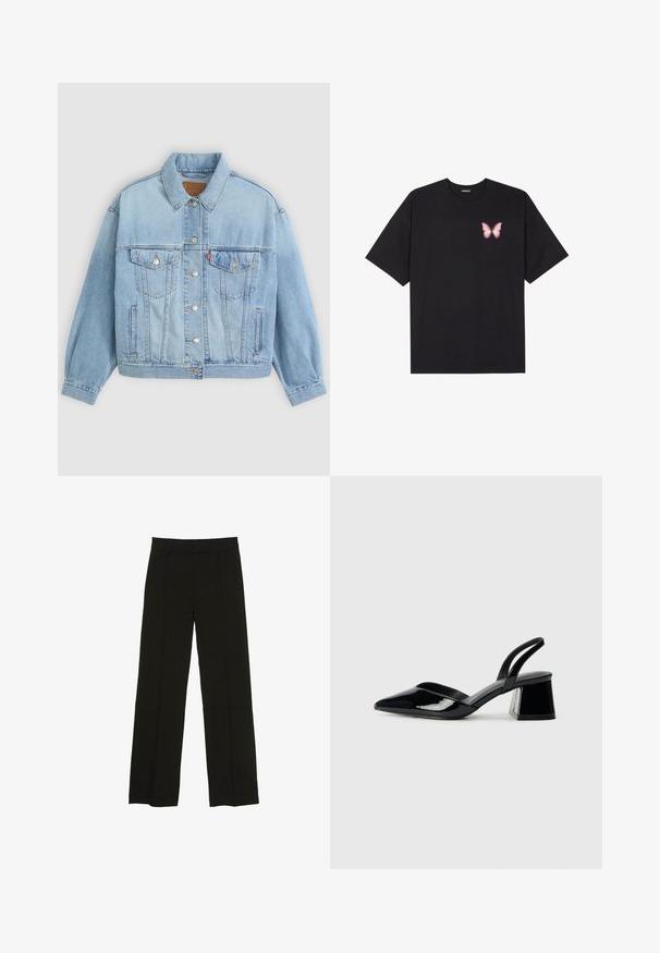 Svijetloplavi traper jakna s klasičnom ovratnikom, kopčanjem na dugmad, dva džepa na prsima, opuštenim krojem i vidljivim šavovima.; Črna bombažna majica s kratkimi rokavi, ki ima majhen roza metuljček na levi strani prsnega dela. Majica s krožnim ovratnikom in sproščenim krojem.; Črne široke hlače iz gladkega materiala, z oprsnikom in diskretnimi sprednjimi plisami za dodano teksturo.; Črne lakirane slingback pete s koničastim nosom in geometrijsko blokasto peto. Imajo eleganten, minimalističen dizajn in gladko teksturo.
