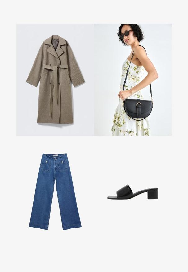 Lång ullkappa i dämpad beige med skört krage, dubbelknäppt knappstängning, skärp i midjan och sidofickor. Texturerat tyg.; Marinblå tröja med V-hals, långa ärmar, ribbade ärmslut och nederkant. Tillverkad av mjukt stickat material, med en avslappnad passform och minimalistisk design.; Jeans med vida ben i denim med en mellanblå tvätt, två framfickor med knäppningar och sydda detaljer längs fållarna.; Svart läder öppen-toe slide sandal med ett brett band och en solid klack. Har en slät yta och minimalistisk design.; Svart läderhandväska med en böjd form, avtagbar rem och guldiga detaljer. Väskan har ett lock med en spänndetalj.
