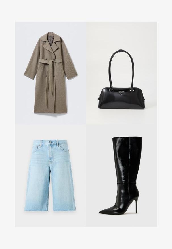 Pitkä villakangastakki hillityssä beigen sävyssä, jossa on käännetty kaulus, kaksirivinen napitus, vyötärölle solmittava vyö ja sivutaskut. Rikastettu kangas.; Musta tiukka lyhythihainen paita, jossa on etuvetoketju ja leveä kaulus, asetettuna tasolle valkoista taustaa vasten.; Vaaleansiniset farkkushortsit, joissa on löysä istuvuus, repaleinen helma, viisi taskua ja metalliosat. Klassinen farkkumuotoilu, jossa on hillitty haalistuminen.; Musta nahkainen polvitumppi saappaat, joissa on kärki ja korkea stiletto-korko. Tasaisen sileä pinta ja virtaviivainen muotoilu, jossa on minimaalinen yksityiskohtaisuus.; Musta kiiltävä käsilaukku, jossa on kaareva siluetti, kaksi kahvaa ja etupuolella logo-plakaatti. Vetoketjusulku ja kiiltävät metalliosat.; Hope hopea, joissa on sileä ja kiillotettu pinta. Pyöreä muoto, jossa on hieman kaareva muotoilu ja sulautuvat reunat. Pinni kiinnitys.