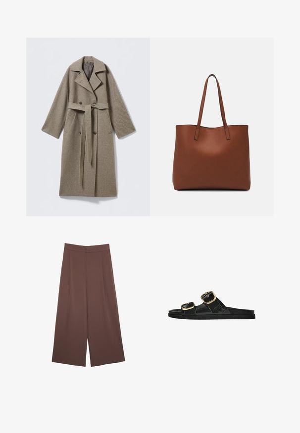 Langer Wollmantel in gedämpftem Beige mit Reverskragen, doppelt geknöpftem Verschluss, tailliertem Gürtel und seitlichen Taschen. Strukturierter Stoff.; Braunes, kurzärmliges T-Shirt aus weichem Material mit rundem Halsausschnitt und lockerer Passform. Keine sichtbaren Muster oder Akzente.; Braune Weite-Leg-Hosen mit einer glatten Textur, hoher Taille und Vorderfalten. Der Stoff ist leicht und fällt locker.; Schwarze Riemensandale mit zwei goldenen Schnallendetails, glattem Material, flachem Sohlen und minimalistischer Gestaltung.; Braune Leder-Tote mit glatter Textur, offenem Oberteil und zwei Schulterriemen. Verfügt über minimale Nähte und keine sichtbaren Beschläge.