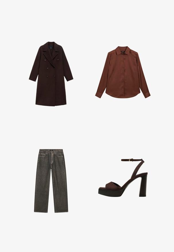 Cappotto in misto lana marrone con design doppiopetto, ampie rever e sei bottoni tondi. Maniche lunghe con orli dritti.; Camicia marrone a maniche lunghe con colletto classico, chiusura frontale con bottoni e tessuto liscio. Presenta un orlo arrotondato e polsini con bottoni.; Jeans a gamba larga grigio scuro in denim, con un classico design a cinque tasche, cuciture resistenti e zip con chiusura a bottone.; Sandal in camoscio marrone con tacco alto, punta aperta, cinturino alla caviglia regolabile e suola a piattaforma striata.