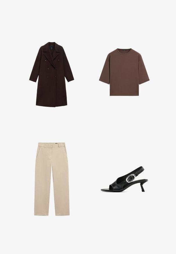 Brauner Wollmischmantel mit einem Doppelreiher-Design, großen Revers und sechs runden Knöpfen. Lange Ärmel mit geraden Säumen.; Braunes, kurzes T-Shirt mit rundem Halsausschnitt, kurzen Ärmeln und einer weichen Textur. Entworfen mit einem lässigen Schnitt und minimalen Details.; Beige Chinos aus Baumwoll-Twill mit geradem Bein, zwei vorderen Taschen und einem Reißverschluss. Glatte Textur mit minimaler Detailierung.; Schwarzer Leder-Slingback-Schuh mit offener Spitze, der eine silberne ovale Schnalle am Riemen und einen schlanken Blockabsatz aufweist. Glatte Textur.