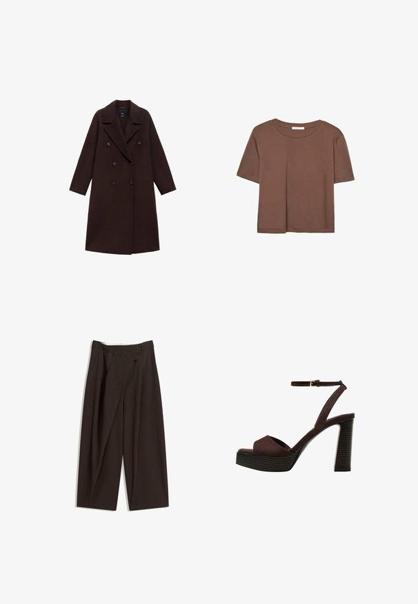 Brauner Wollmischmantel mit einem Doppelreiher-Design, großen Revers und sechs runden Knöpfen. Lange Ärmel mit geraden Säumen.; Braunes, kurzärmliges T-Shirt aus weichem Material mit rundem Halsausschnitt und lockerer Passform. Keine sichtbaren Muster oder Akzente.; Dunkelbraune, weite Hosen mit hohem Bund, die über einen einzigen Knopfverschluss und eine gefaltete Vorderseite verfügen. Hergestellt aus leichtem Stoff.; Braune Wildleder-Pumps mit offenem Zeh, verstellbarem Knöchelriemen und gestreiftem Plateausohlen.