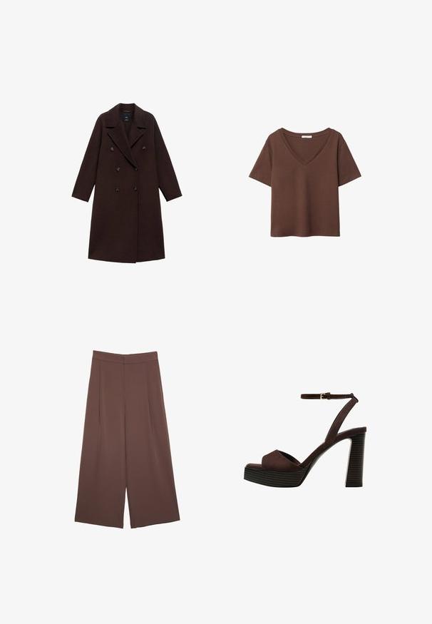 Hnedý nohavicu z vlnenej zmesi s dvojradovým zapínaním, veľkými klopami a šiestimi guľatými gombíkmi. Dlhé rukávy so rovnými lemami.; Hnedé bavlnené tričko s krátkymi rukávmi a hlbokým V-výstrihom. Jednoduchý dizajn, jemná textúra a rovný lem. Bez vzorov alebo akcentov.; Hnedé nohavice so širokými nohavicami a hladkou textúrou, s vysokým pásom a prednými skladmi. Tkanina je ľahká a voľne sa pohybuje.; Hnedé semišové sandále na vysokom podpätku s otvorenou špičkou, nastaviteľným členkovým remienkom a pruhovanou platformovou podrážkou.