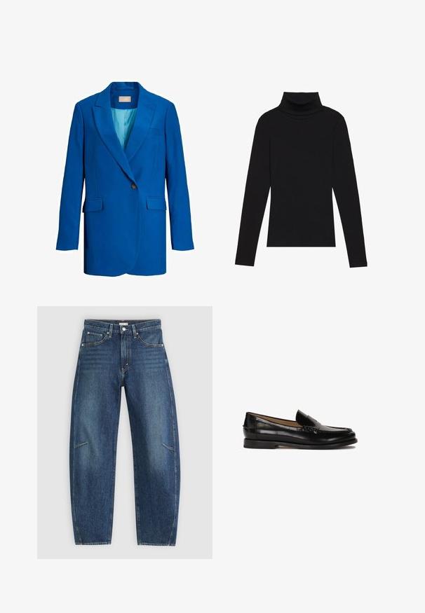 JJXX JXMARY NOOS WVN - Žakete - blue iolite; Melnā turtlenecka garām piedurknēm augšdaļa, izgatavota no ribotas auduma, ar pieguļošu piegriezumu, augstu kakla izgriezumu un bez rakstiem vai akcentiem.; Tumši zili džinsi ar taisna kāju dizainu, ar priekšējiem kabatām, kontrastējošu šuvju un nemanāmu izbalējušu struktūru uz kājām.; Melnas ādas loferes ar noapaļotu purngalu, viegli uzvelkamas un ar diskrētām dūrieniem augšdaļā. Vienkārša gumijas zole.