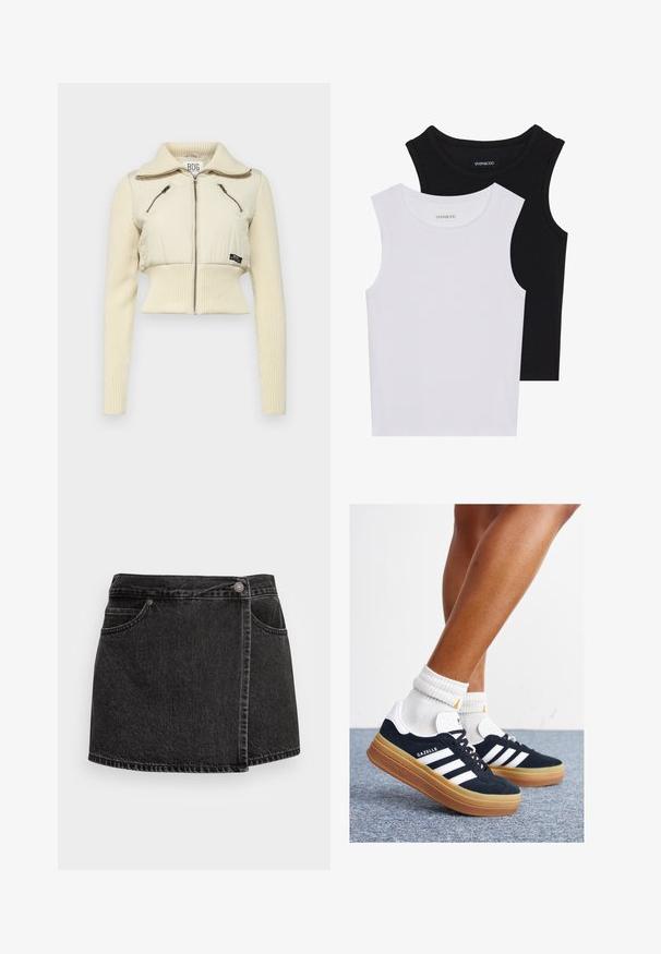 Cropped jacket with a soft cream color, featuring ribbed sleeves, a collar, and two zippered front pockets. Smooth texture, slim fit.; Two sleeveless tops in black and white, made of ribbed cotton, featuring round necklines and a fitted design. Labels visible on both.; Black denim mini skirt with a slightly frayed hem, two front pockets, and a silver button closure. Features a side wrap design.; Black suede sneakers with white stripes and accents, rounded toe, gum rubber outsole, paired with white ribbed crew socks.