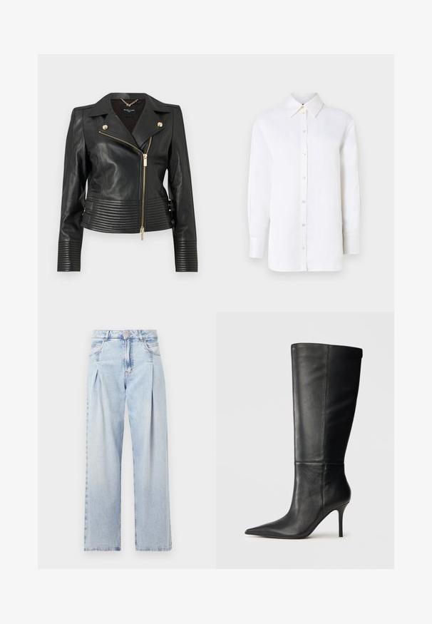 MARCIANO BY GUESS PEGGY JACKET - Bőrdzseki - jet black; Fehér vászon gombos ing, hegyes gallérral, hosszú ujjakkal és gombos záródással. Lazább fazonú és sima textúrájú.; Világoskék farmernadrág magas derekú, bő szabású, két oldalsó zsebbel és pliszírozott dizájnnal. Puha tapintású, elhalványított felület.; Fekete bőr térdmagasságú csizma hegyes orral és karcsú tűs sarokkal, sima textúrával, oldalnézet semleges háttér előtt.