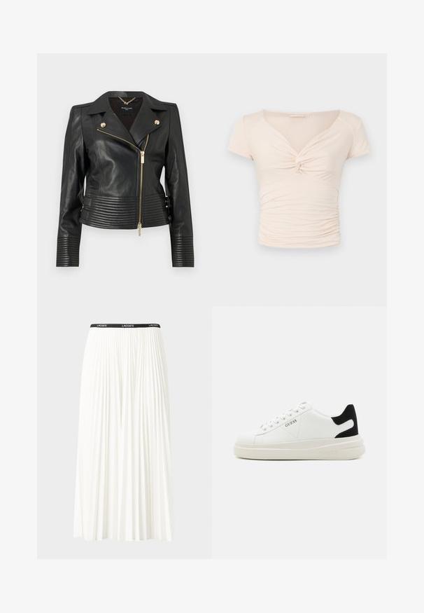 MARCIANO BY GUESS PEGGY JACKET - Usnjena jakna - jet black; Svetlo bež majica s kratkimi rokavi in V-izrezom, z zvitkom na sprednjem delu, ki ima nabran teksturo ob straneh za tesno prileganje.; Gubasta bela krila z črnim elastičnim pasom, ki nosi logotip "LACOSTE". Srednje dolga zasnova z mehkobo tkanine.; Bele usnjene športne copate z debelim belim podplatom, črnimi semišnimi detajli na peti in utisnjenim logotipom na strani. Zavezovanje s šestimi luknjicami.