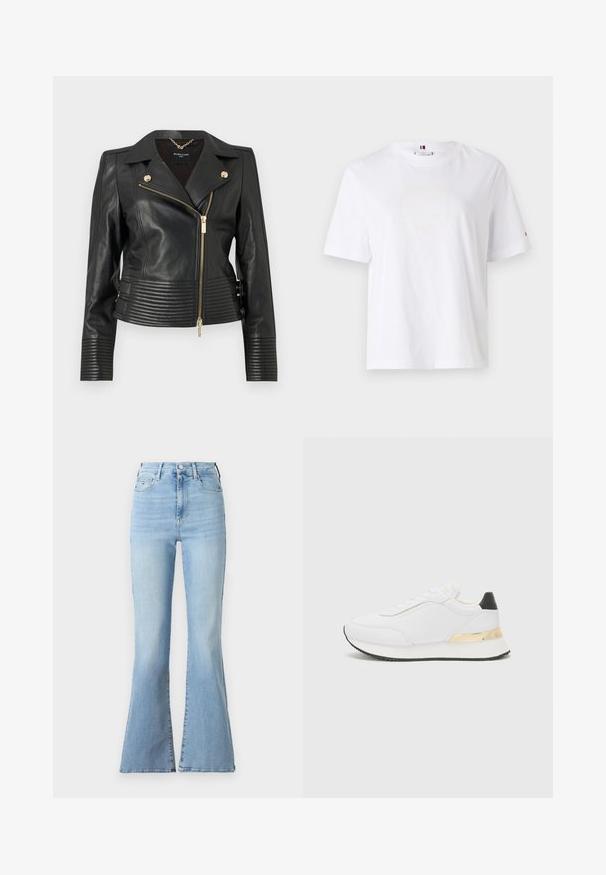 MARCIANO BY GUESS PEGGY JACKET - Ādas jaka - jet black; Balts kokvilnas T-krekls ar apaļu kaklu, īsām piedurknēm un smalku dzeltenu logo dizainu, kas lasa "HILFIGER NEW YORK 1985". Standarta izgriezums.; Gaiši zili platā kāju džinsi ar augsto jostasvietu, denima audums, izbalējusi tekstūra un klasiskā 5 kabatu dizains. Iekļauj pogas un rāvējslēdzēja aizdari.; Baltas sporta apavs ar gludu virsmu, ar melnu papēža akcentu un zeltītu metāla detaļu uz vidus zoles. Saista dizains, gumijas zole.