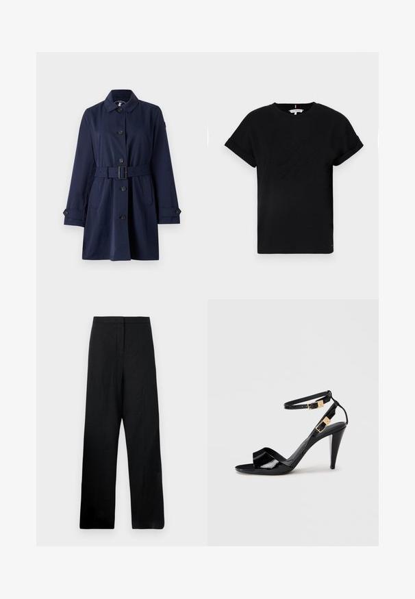 Marineblauer Trenchcoat mit Kragen, Knopfverschluss, tailliertem Gürtel und seitlichen Taschen. Der Stoff ist glatt mit einem strukturierten Design.; Schwarzes Baumwoll-T-Shirt mit umgeschlagenen kurzen Ärmeln, mit einem eingeprägten Logo in der Mitte und einem kleinen Flaggenakzent an der Seite.; Schwarze weite Hose aus leichtem Stoff. Hat eine glatte Textur, eine hohe Taille und minimale Nähte.; Schwarze, lackierte High-Heeled-Sandalen mit doppelten Knöchelriemen und goldenen Schnallen, Zehen offen und schlankem, spitz zulaufendem Absatz auf neutralem Hintergrund.