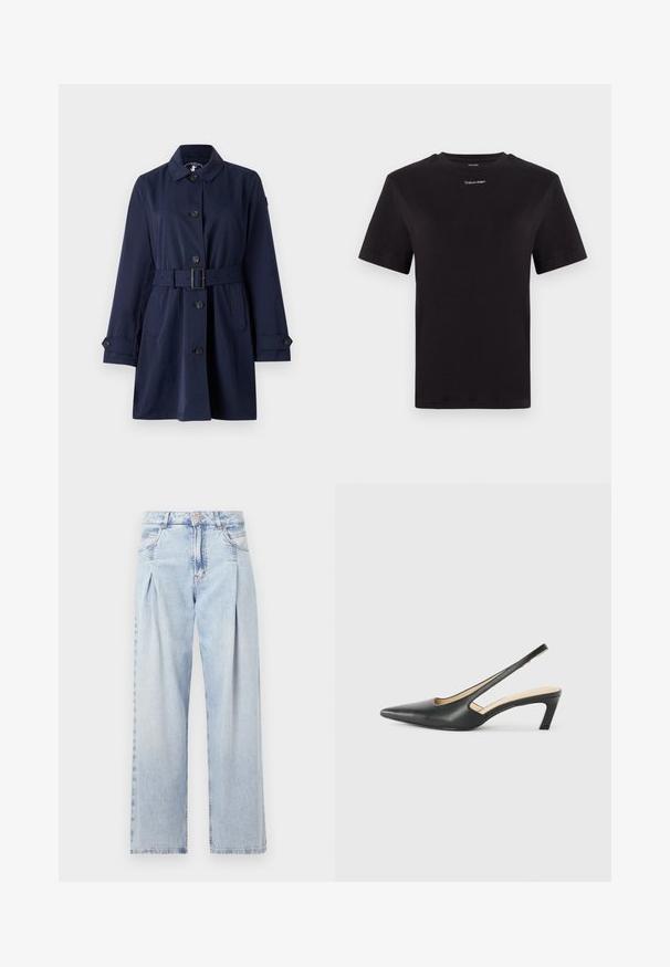 Manteau trench bleu marine avec un col, fermeture à boutons, taille ceinturée et poches latérales. Le tissu est lisse avec un design structuré.; T-shirt noir en coton à manches courtes, col rond, avec un petit logo blanc "Calvin Klein" sur la poitrine. Texture lisse, coupe classique.; Jeans en denim bleu clair avec taille haute, coupe large, deux poches latérales et design plissé. Texture douce avec une finition décolorée.; Slingback noir à bout pointu avec un petit talon, en cuir lisse et doté d'un design découpé sur le côté pour plus de respirabilité.